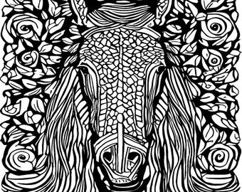 abstract horse face flowers animal Printable Adult Coloring Page instant download adults & kids digital Coloring sheet line art