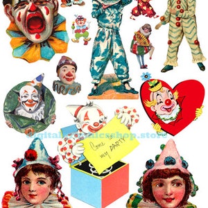 imprimibles de payasos de circo vintage, troqueles efímeros, artesanías de papel, imágenes prediseñadas de circo, collage digital, descarga instantánea de revistas de tarjetas de álbumes de recortes