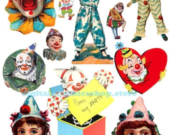 vintage circus clown printables, ephemera die cuts paper crafts, circus clipart, digital collage instant download scrapbook cards journals