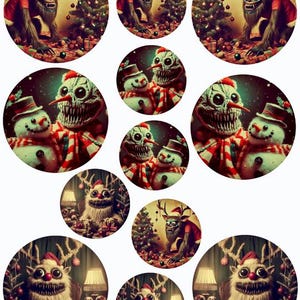 May include: A collection of circular digital stickers featuring illustrations of a horned creature in a red shirt, a white furry monster with antlers, and two snowmen with sharp teeth, all set against festive holiday backgrounds with Christmas trees.