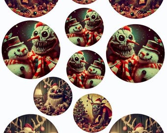 spooky goth christmas monsters printable  paper ornaments 2 inch and 3 inch circles digital collage sheets download santa snowman clipart