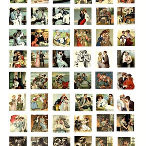 Couples des années 1800 aux années 1920 feuille de collage numérique romance 1" carrés amoureux des cliparts cartes postales vintage imprimables téléchargement immédiat
