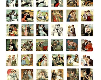 1800s to 1920s couples romance digital collage sheet 1" squares clipart lovers vintage postcards printables instant download