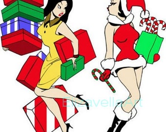 christmas cartoon pinup girls art shopping jpg logo clipart png overlay printable digital instant download graphics
