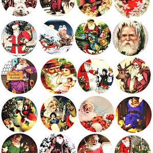 May include: A collection of 16 vintage Christmas images featuring Santa Claus in various scenes. The images are circular and have a white background. Some images include reindeer, children, and Christmas trees.