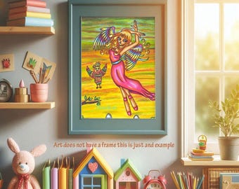 rainbow angel original art print big eye girl markers drawing fantasy fairytale outsider art By Elizavella