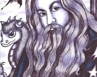 wizard and dragon original art print, original drawing, fantasy folk art, original artwork, modern black and white wall art, fairy tales