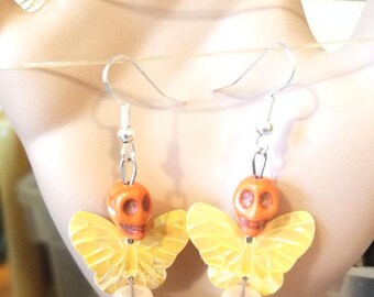 glow in the dark earrings, sugar skull earrings, butterfly long dangles, orange yellow goth, day of the dead, skeleton punk handmade jewelry