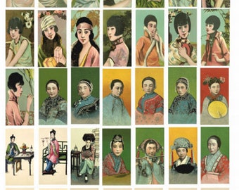 vintage china chinese women cigarette cards clip art digital download domino collage sheet 1" x 2" inch graphics images printables pendants