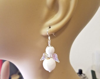 Guardian Angel earrings, white earrings, big Bead earrings, dangle, drops, plastic, wood, handmade jewelry