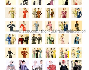 vintage 1920s flapper girl fashion clipart digital download collage sheet 1" inch squares graphics images diycraft printables