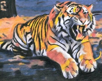 ORIGINAL ABSTRACT tiger colored pencil drawing jungle safari animals wildlife artwork by Elizavella