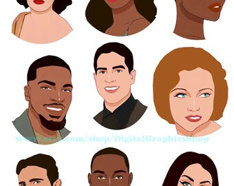 beautiful people portraits, men, women, faces clipart, mixed races, printable, instant download, digital print, image