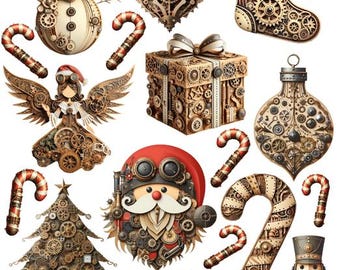 christmas Steampunk paper crafts cut outs digital collage sheets download santa snowman  steam punk clipart printable die cuts