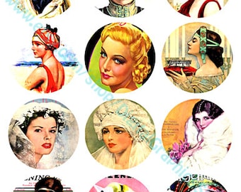 vintage product advertisements, pinup girls, digital print, collage sheet, 2.5" inch circles, clipart, instant downloads, womans face