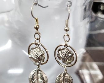 silver rose flower leaf charm earrings dangles handmade metal jewelry