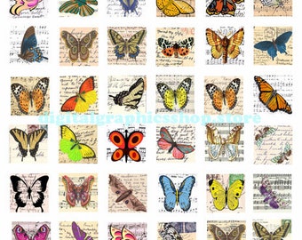 printable vintage art, butterfly, sheet music, postcards clipart, digital collage sheet , instant download, 1 inch squares, graphics images