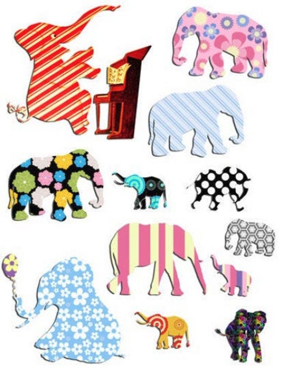 decopauge elephants png jpg printable art collage sheets digital download cartoon die cuts scrapbooking animals nursery kids bedroom images