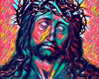 Sad Jesus Christ Thorn Crown Passion Abstract art printable wall art digital instant download Christian religious artwork 13" x 16"