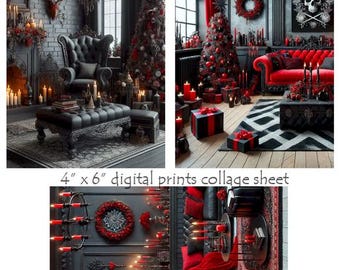 spooky goth Christmas decorated living room scenes digital collage sheet download 4" x 6" inch photography clipart printable