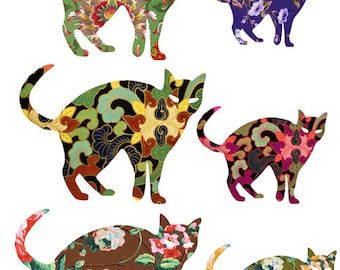 flowers floral cat shapes, digital print, collage sheet, instant download, animal clipart, pets, die cuts printable, junk journal