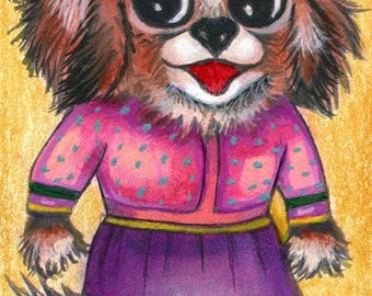 girl puppy dog WEARING pink dress original aceo art card drawing animal Miniature