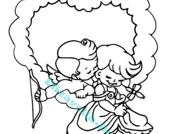 cupid boy angel kissing girl, heart clouds, love art, kids, adult coloring page, printables, line art, digital prints, instant download