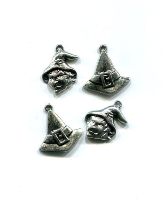4 halloween metal charms pendants witch face hat collection silver tone mix lot