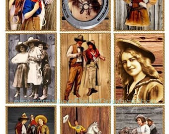 vintage cowboys cowgirls on wood rodeo collage sheet digital download 2.5" x 3.5" graphics downloadable images country western printables