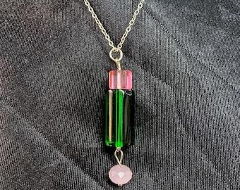 triple glass bead drop necklace pink and green silver chain handmade minimal jewelry