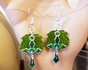 green cross earrings, leaf earrings ,sequins, dangles ,crucifix earrings, handmade