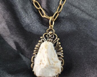 raw quartz rock stone necklace bronze gold chain handmade boho natural jewelry