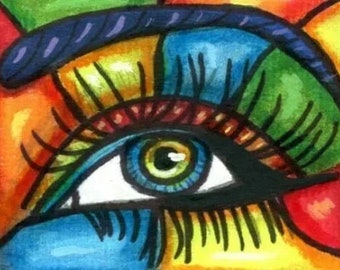 womans eye aceo art, rainbow, abstract original aceo art, atc aceo drawing, miniature artwork