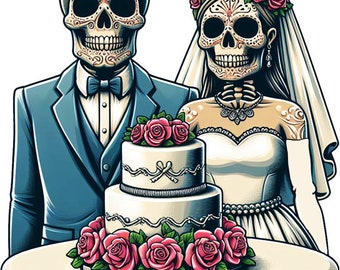 day of the dead wedding png, cake topper printable, cupcake topper, skull png clipart, skeleton couple png