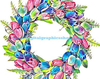 tulips flowers wreath png, watercolor painting art, printable, instant download, digital prints, flower clipart, diy crafts, card making
