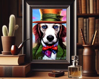 mad hatter dog fairytale animals -original art - surreal 8x10 inch semi gloss fantasy fairytale Anthropomorphic art print
