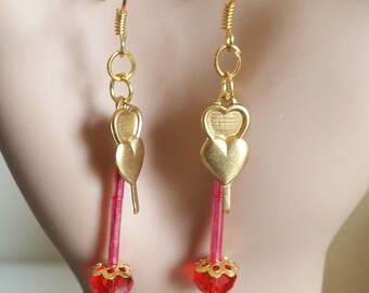 gold hearts earrings, red glass bead drop earrings, long dangles, handmade jewelry