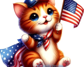 printable cat kitten png, USA flag png, patriotic cat art clipart America Proud, american flag Logo jpg download