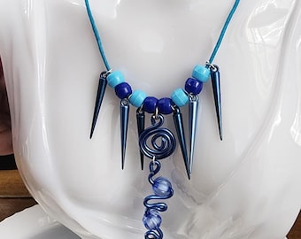 blue wire BEADs blue cord NECKLACE glass turtle pendant handmade artsy jewelry