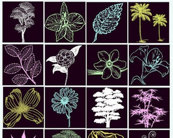flowers plants neon silhouette clip art instant digital download collage sheet 2 inch squares graphics images craft printables