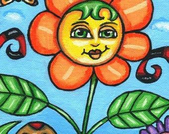happy flowers painting original art, small canvas painting, 5" x 7",  Blooming Smiles, whimsical fairytale fantasy art, kids nursery room