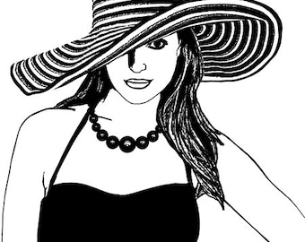woman wearing straw summer hat printable art png jpg clipart digital download art image fashion graphics designs black and white artwork