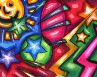 sun and stars abstract drawing, original aceo art card, atc art, celestial space, fantasy, colorful, miniature,