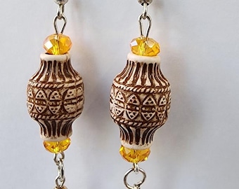 big bead drop brown earrings boho style long bead dangles handmade jewelry