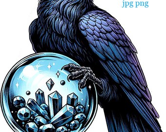 raven on crystal call png, crow png clipart black bird transparent background witches familiars