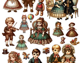 antique dolls boy and girl paper dolls Digital Collage Sheet print download