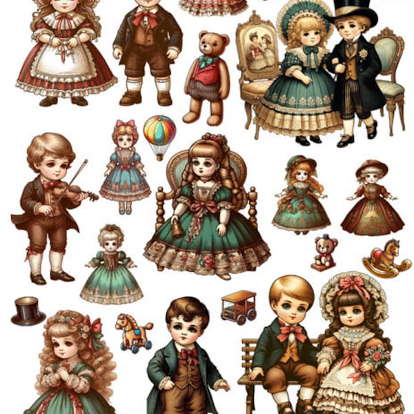 antique dolls boy and girl paper dolls Digital Collage Sheet print download