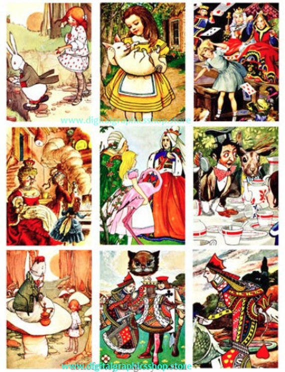 antique alice in wonderland art clipart 2.5" x 3.5" digital collage sheet, atc, cards, aceo, printable, instant download