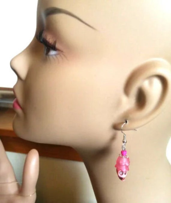 pink skull flower earrings, sugar skull earrings, turquoise bead, dangles, skeleton jewelry, day of dead, handmade goth punk jewelry
