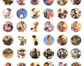 vintage cowgirls 1 inch circles collage sheet digital clipart, instant download, old photos, pinups, ranch, rodeo, country western art